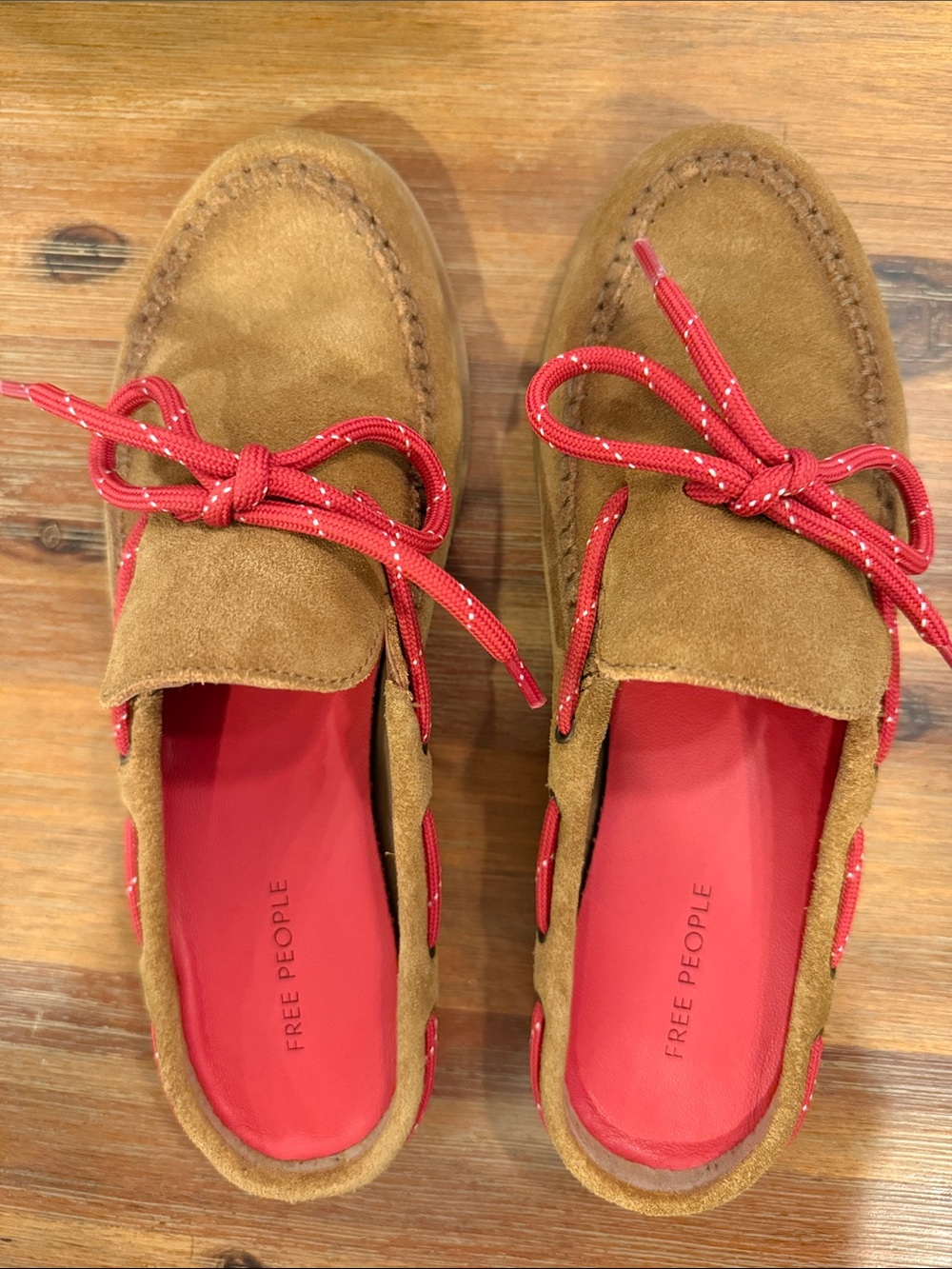 Free People Tan Suede Loafers with Red Accents